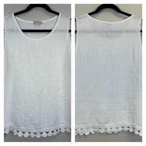 Bellambia L Chic White Cotton Linen Lace-Trimmed Women's Tank Top EUC Beachy